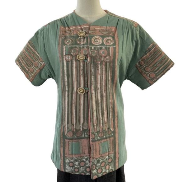 OOAK Quilted Patterened Retro green top jacket short sleeves button front medium - Picture 3 of 11